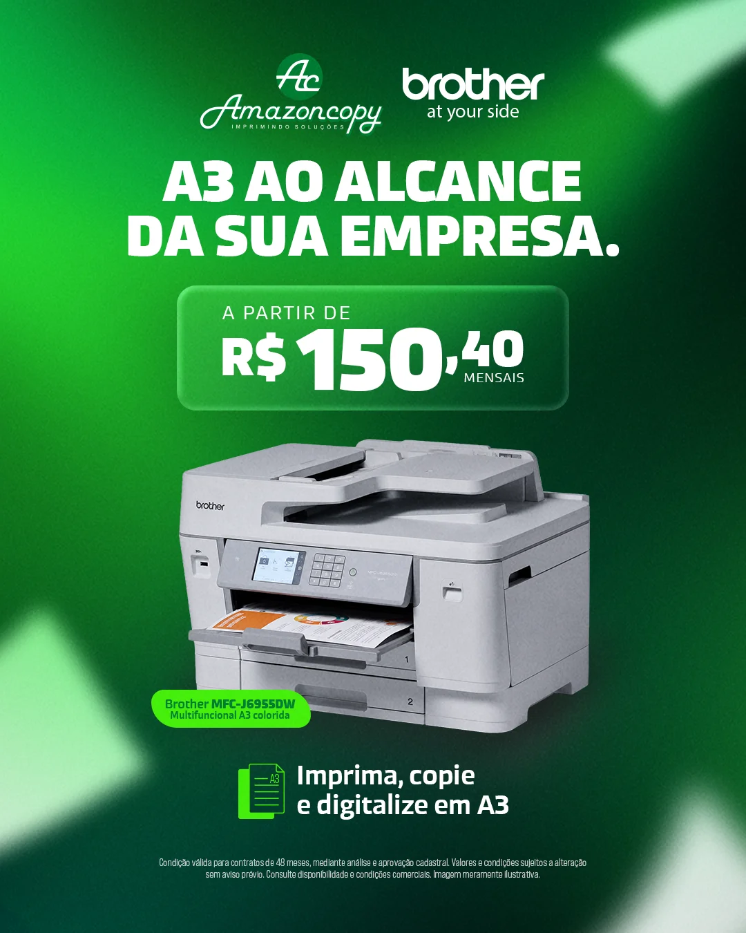 A3 ao alcance da sua empresa. A partir de R$ 150,40 mensais. Imprima, copie e digitalize em A3 com a Brother MFC-J6955DW. Amazoncopy e Brother.